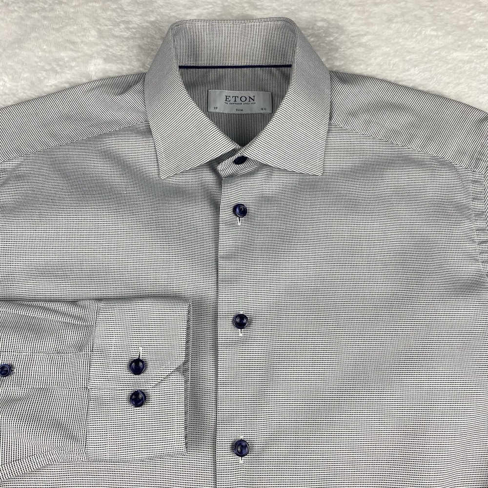 ETON Dress Shirt Mens 15.5 (39) Gray Geometric Micro-Check Slim Fit